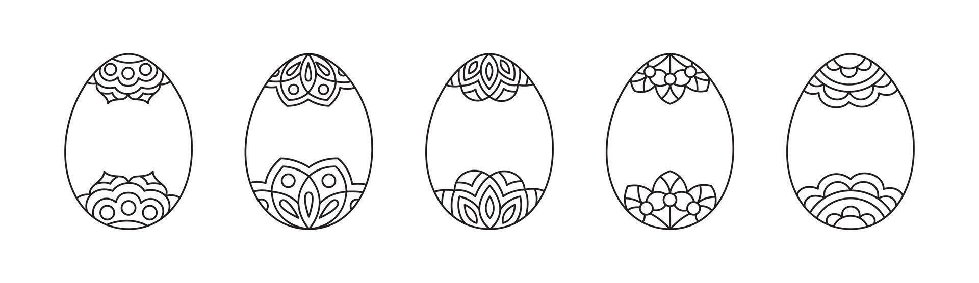 Linear Easter Eggs with floral fancy ornaments. Outline spring coloring page vector