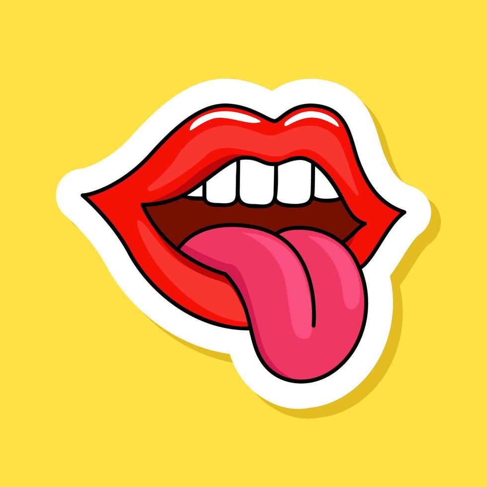 Red lips sticker in retro style illustration on yellow. Lips and tongue cartoon picture vector