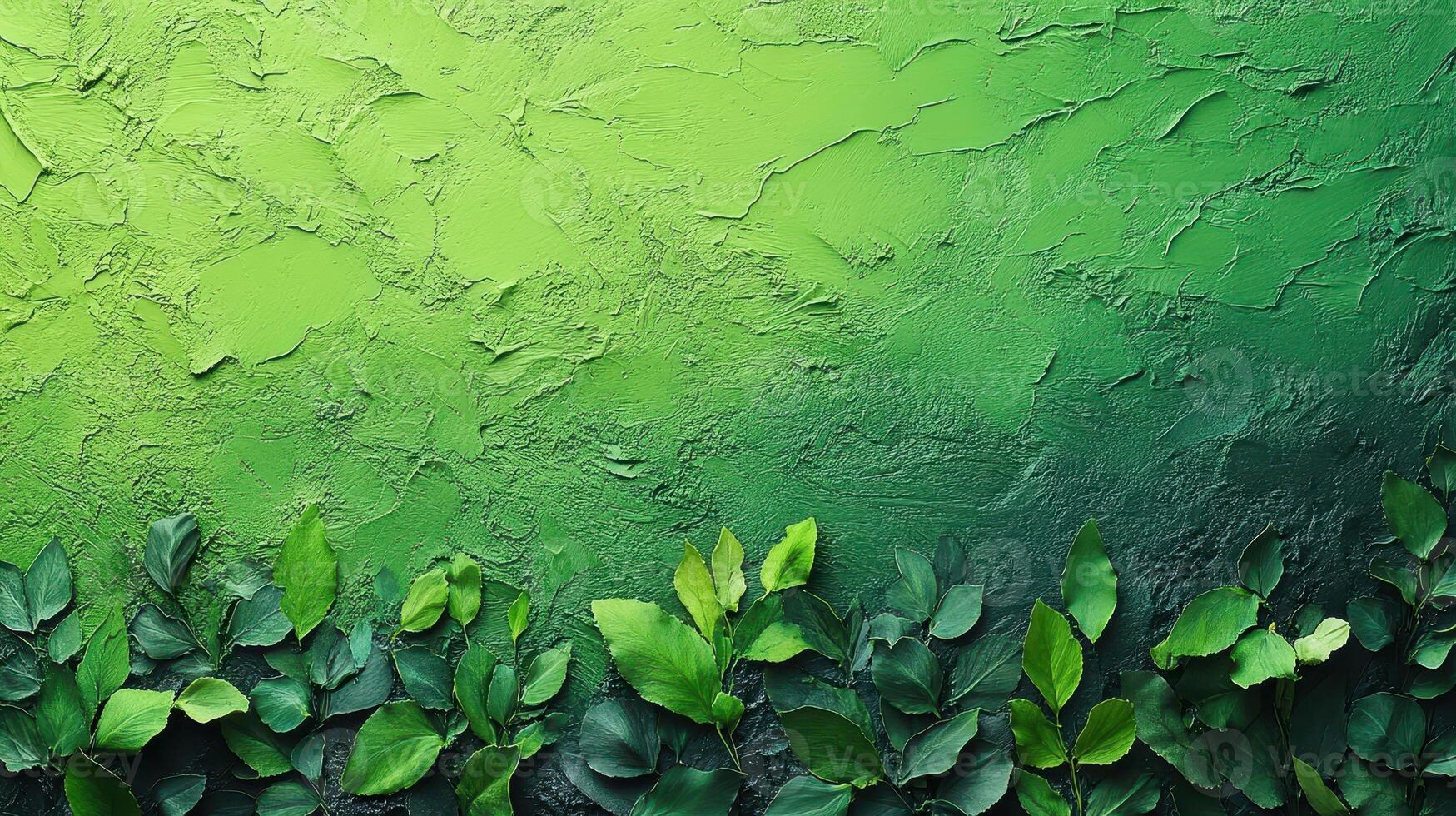 Green leaves border on textured background, nature backdrop photo