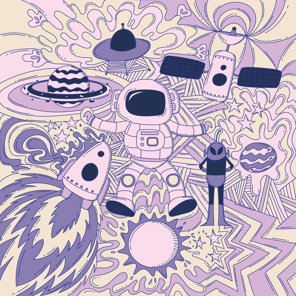 Space Line Art Doodle. Soft colored. vector