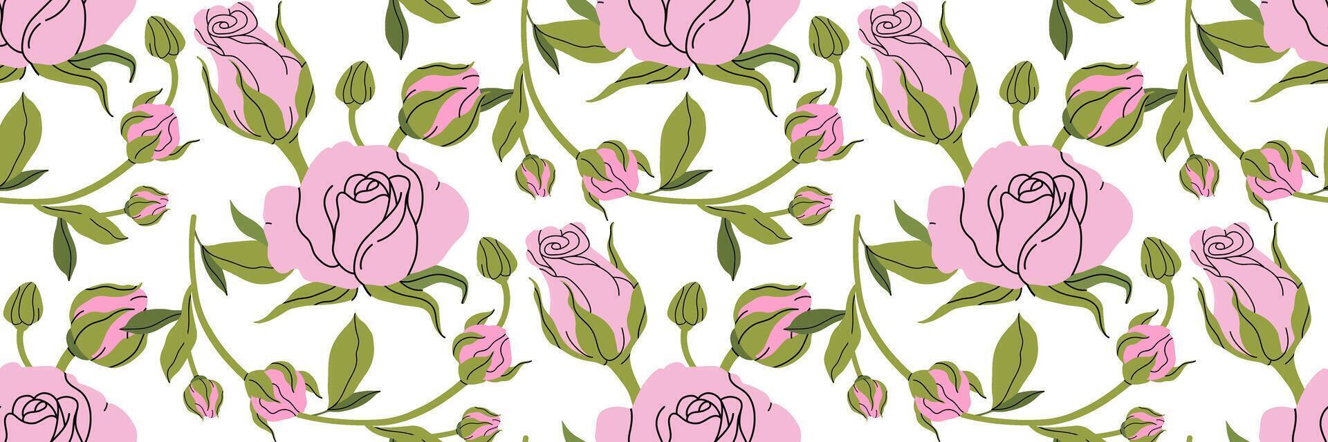 Beautiful flowers seamless pattern. Delicate pink rose with stem and leaves, small bud. Botanical spring pattern. For wallpaper, textiles. Coquette Aesthetic style. Elegant vintage illustration vector