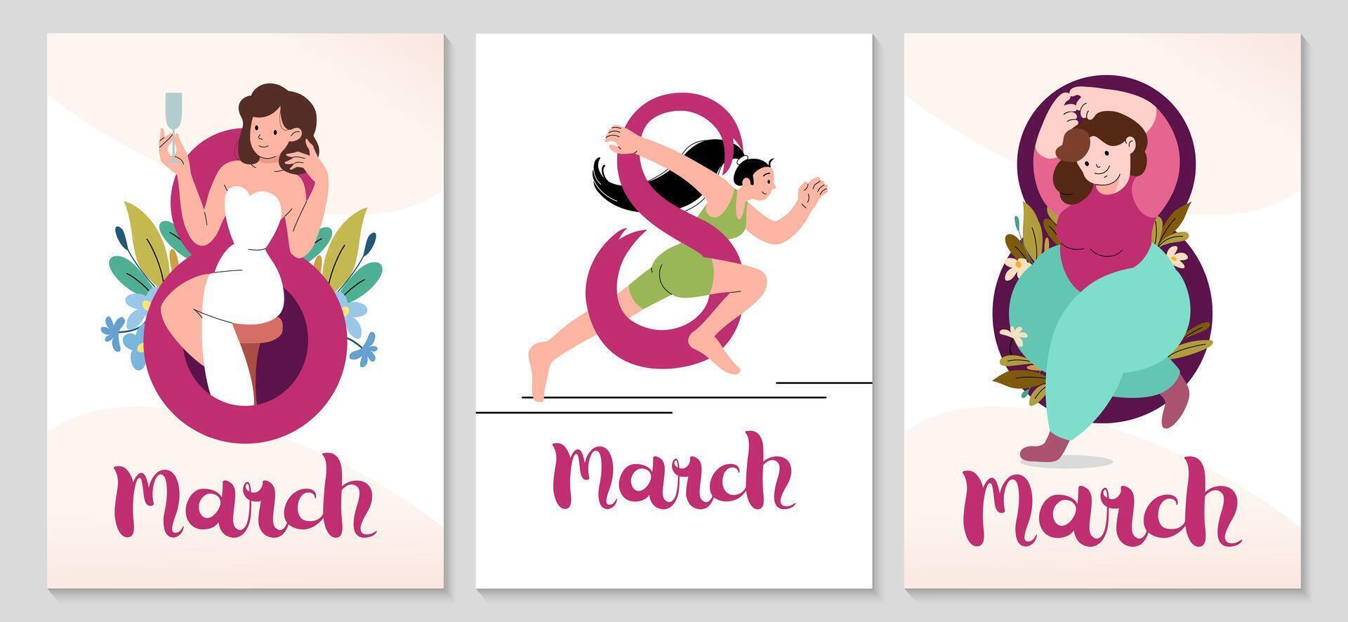 International Women's Day vertical posters set. Self care, love yourself icon or body positive concept. Joyful girl with champagne. Invitation with number 8 and spring plants. illustration. vector