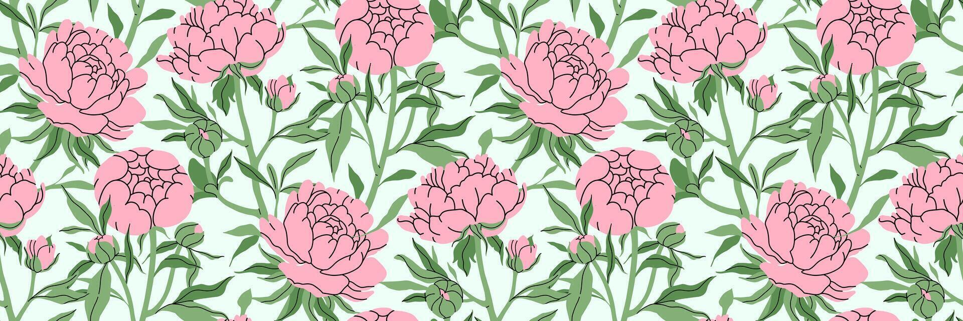 Beautiful flowers seamless pattern. Delicate pink peony with stem and leaves background. Botanical spring pattern. Suitable for wallpaper, textiles, wrapping paper, postcards. illustration. vector