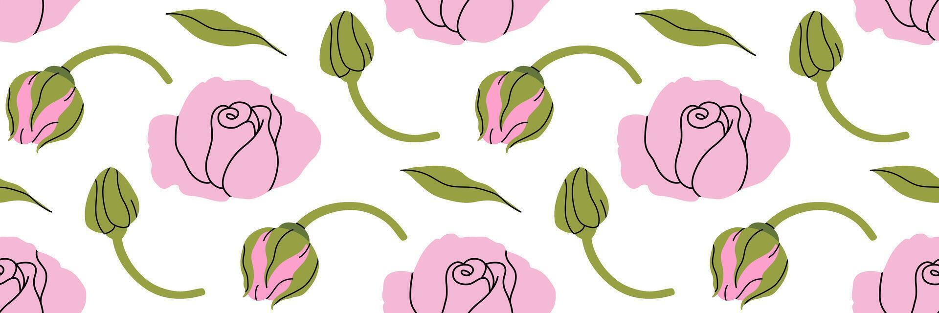 Minimalistic flowers seamless pattern. Delicate pink rose with stem and leaves, small bud. Botanical spring illustration. vector