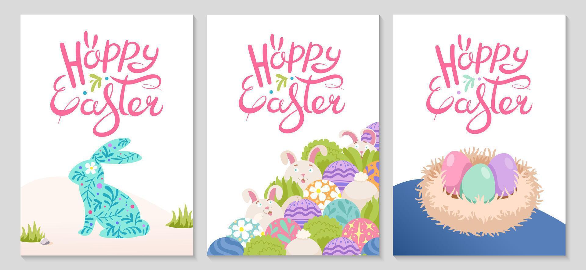 Simple Easter poster set with rabbit and Fluffy birds nest with colored eggs. Happy Easter lettering. Simple vertical greeting backgrounds for invitations. Folk style. flat illustration. vector
