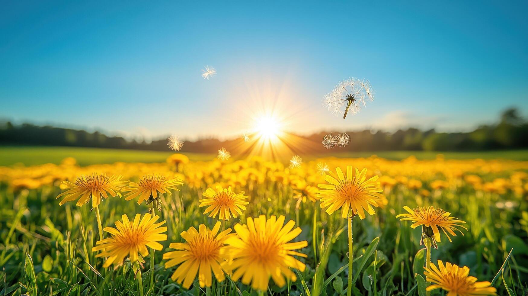 Sunset over dandelion field, seeds blowing, nature background, idyllic scene photo