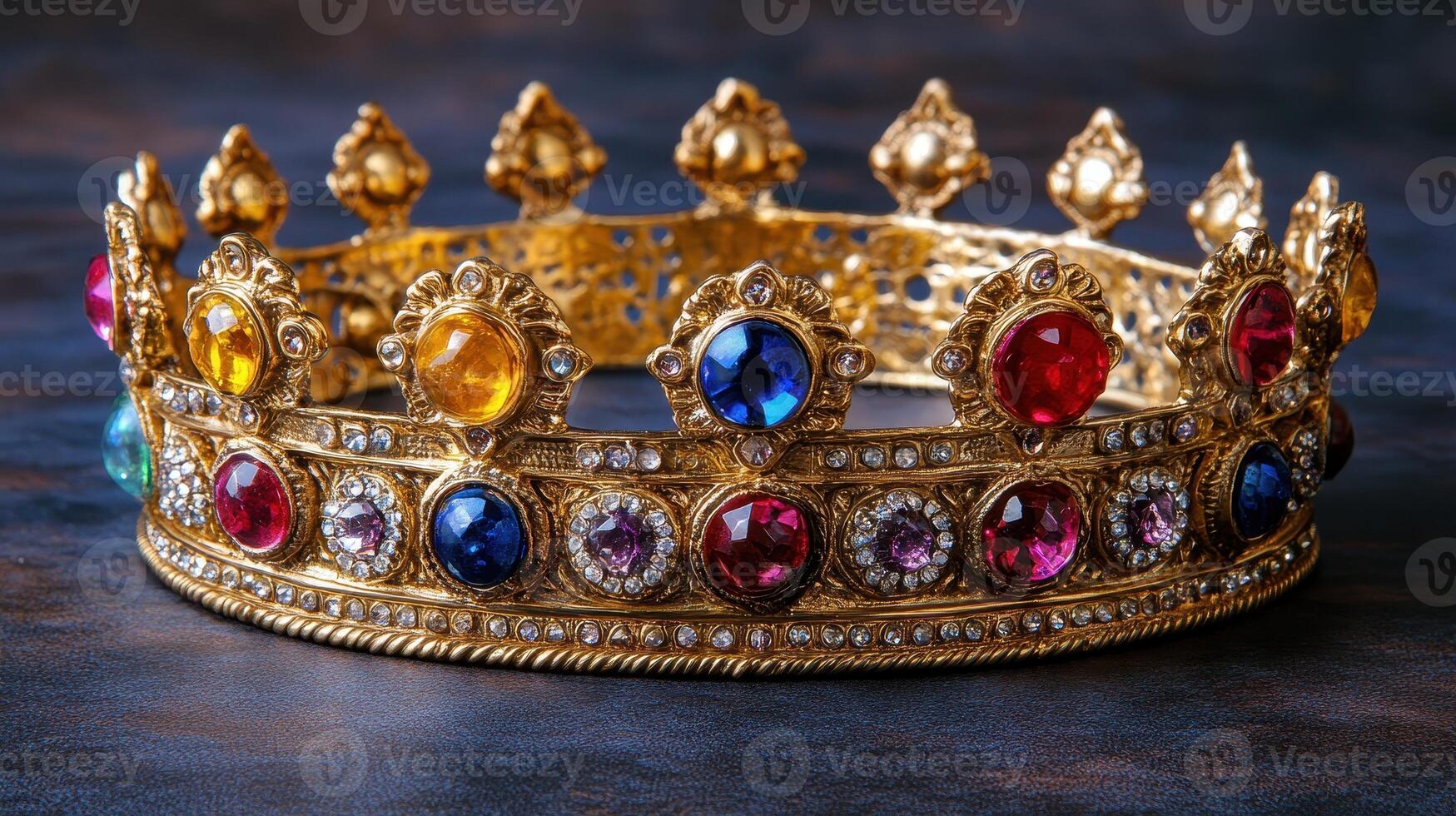 A gold crown with colorful stones on it photo