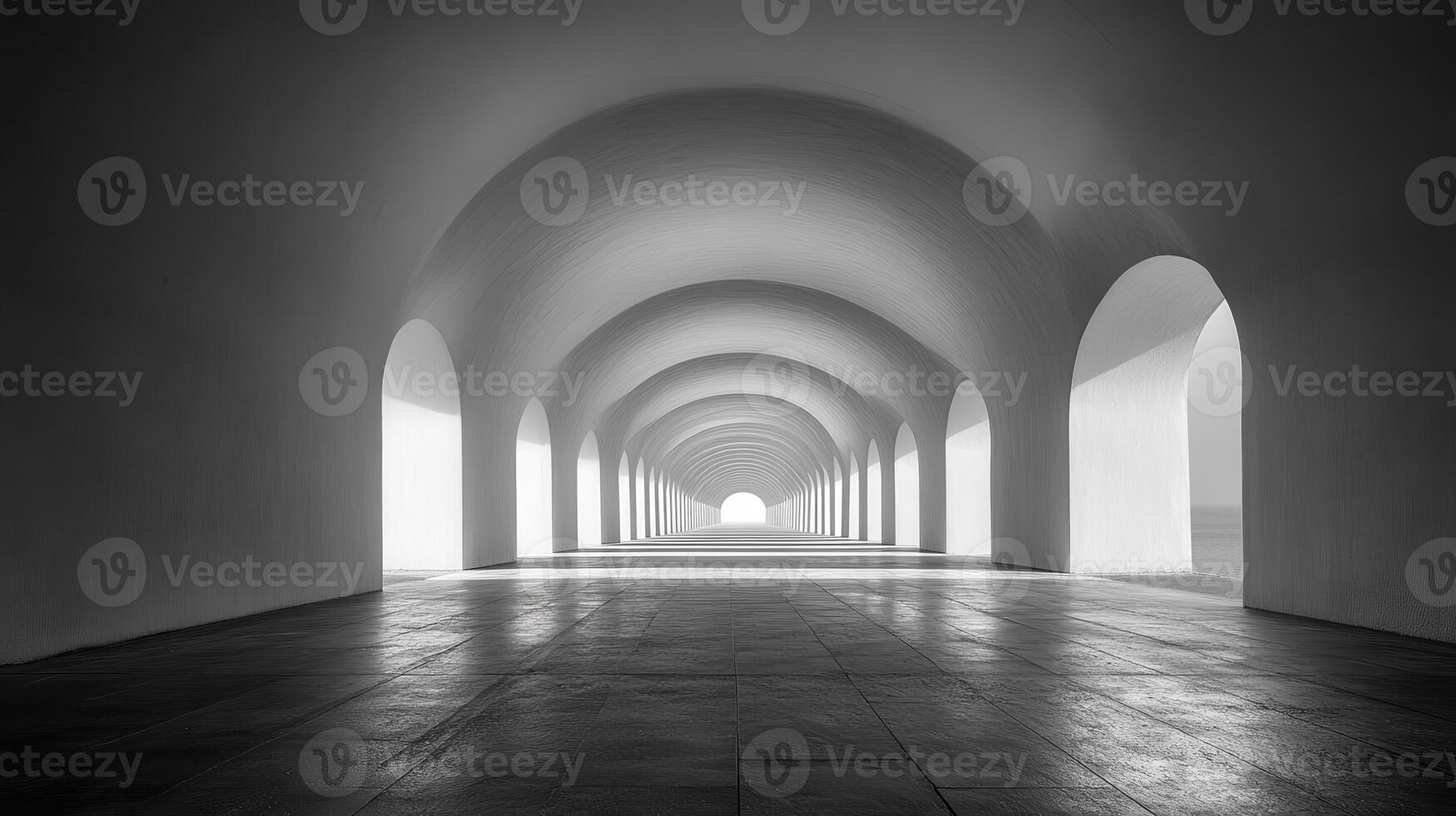 Archway corridor, bright light, minimalist, modern architecture, background, design photo