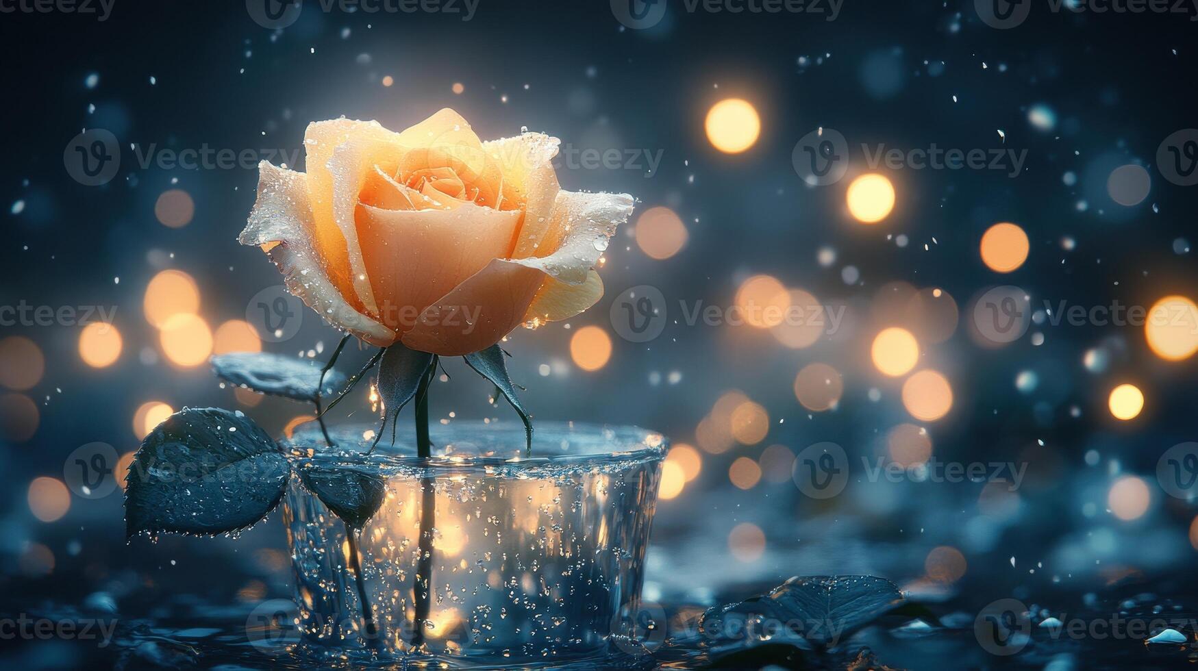Single peach rose in glass, rain, bokeh lights. Romantic card, website photo