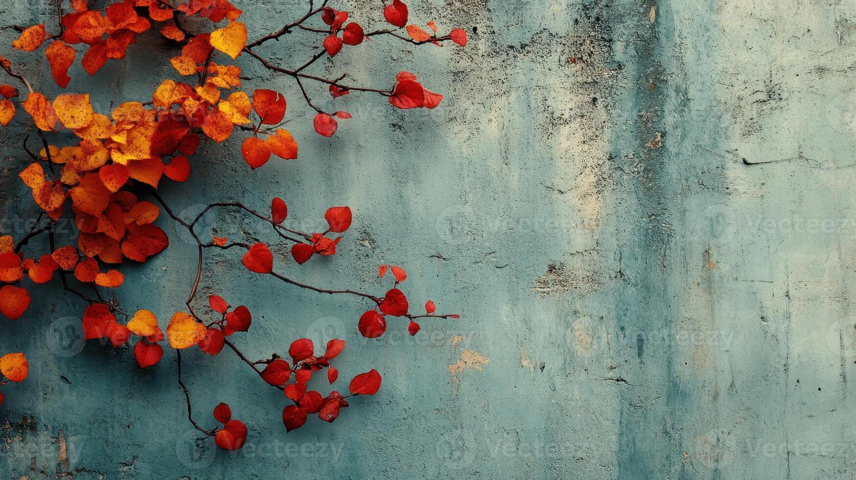 Autumn leaves on textured wall, background copy space, nature photo