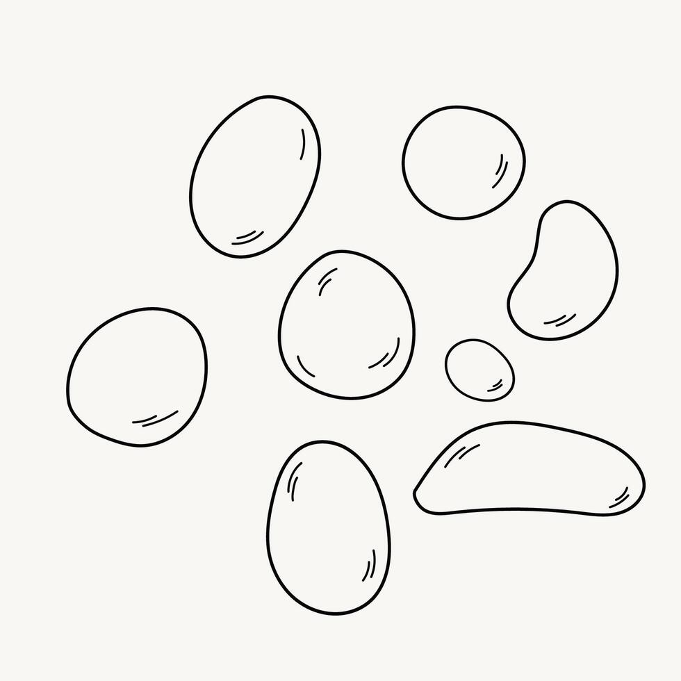 Sea river stones on isolated background. Hand drawn set with pebbles in line art style. Shingle and underwater world, nature, seacoast. Design for card, print, paper, logo, sign, decor vector