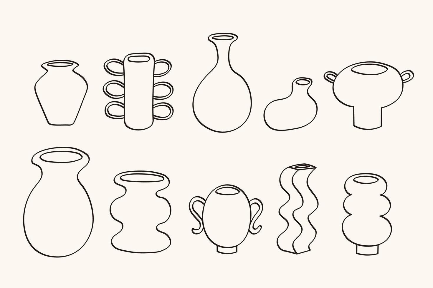 Set with sketches of Ceramic Vases and terracotta pots. Collection with different Pottery Clay Jar in line art style. Hobby and crockery decor. Hand Drawn Illustration on isolated background vector