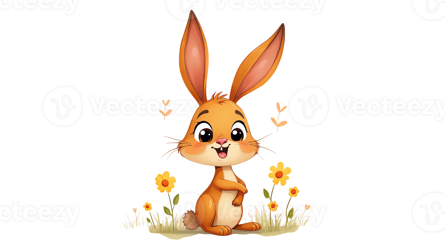 A cartoon rabbit sitting in the grass with flowers png