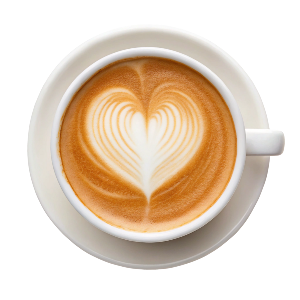Heart-shaped latte art in a white cup, perfect for a coffee lover. png