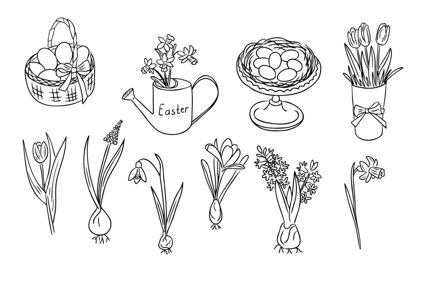 Easter doodle set with hand drawn spring flowers, Easter eggs, a festive basket, a watering can with blossoms, and a birds nest, perfect for coloring pages and holiday decorations vector