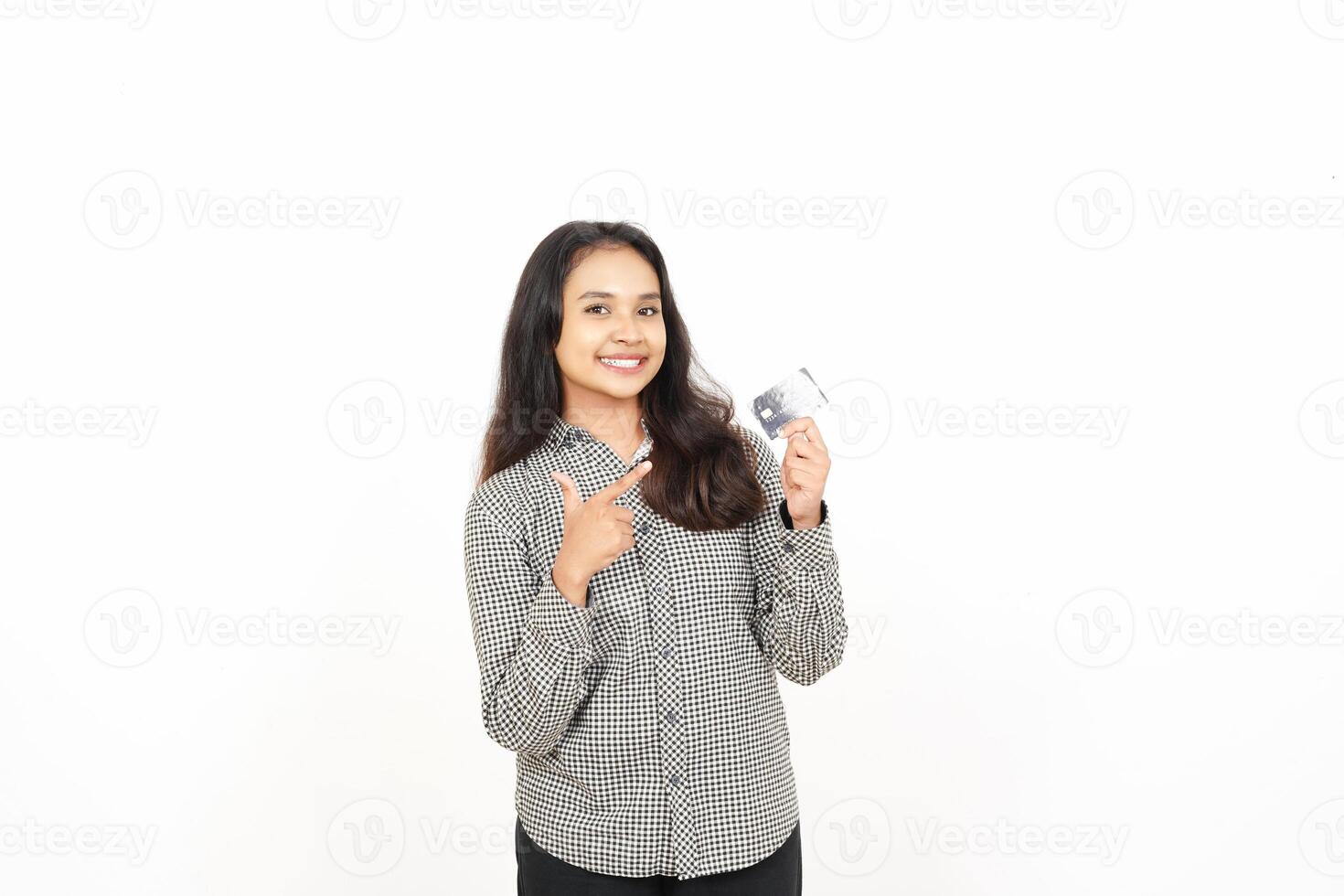 A woman holding a credit card and smiling photo