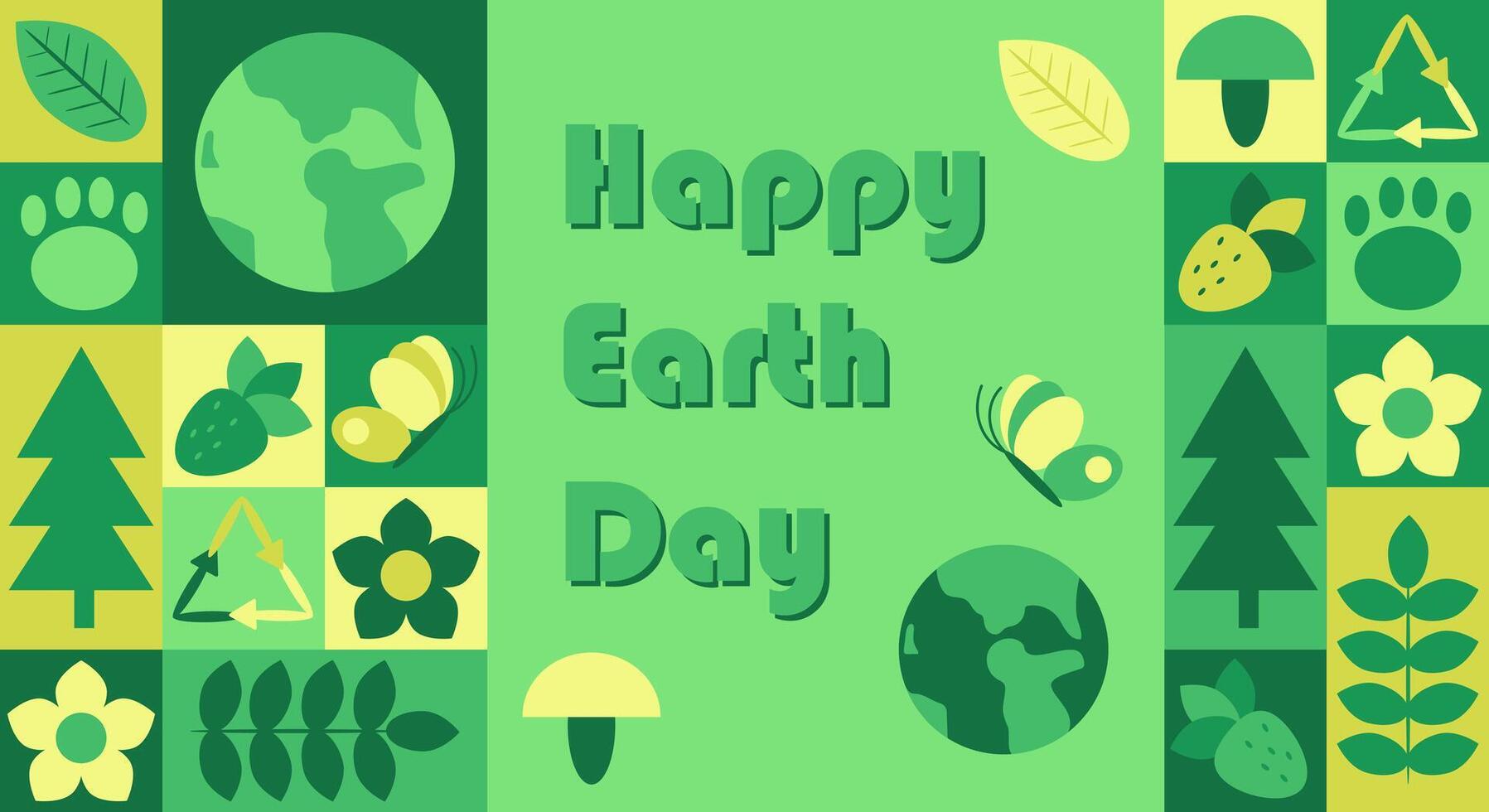 Happy Earth Day banner with eco-friendly symbols, including trees, leaves, recycling icons, butterflies, and the planet Earth, in a green and yellow color scheme, promoting environmental awareness vector