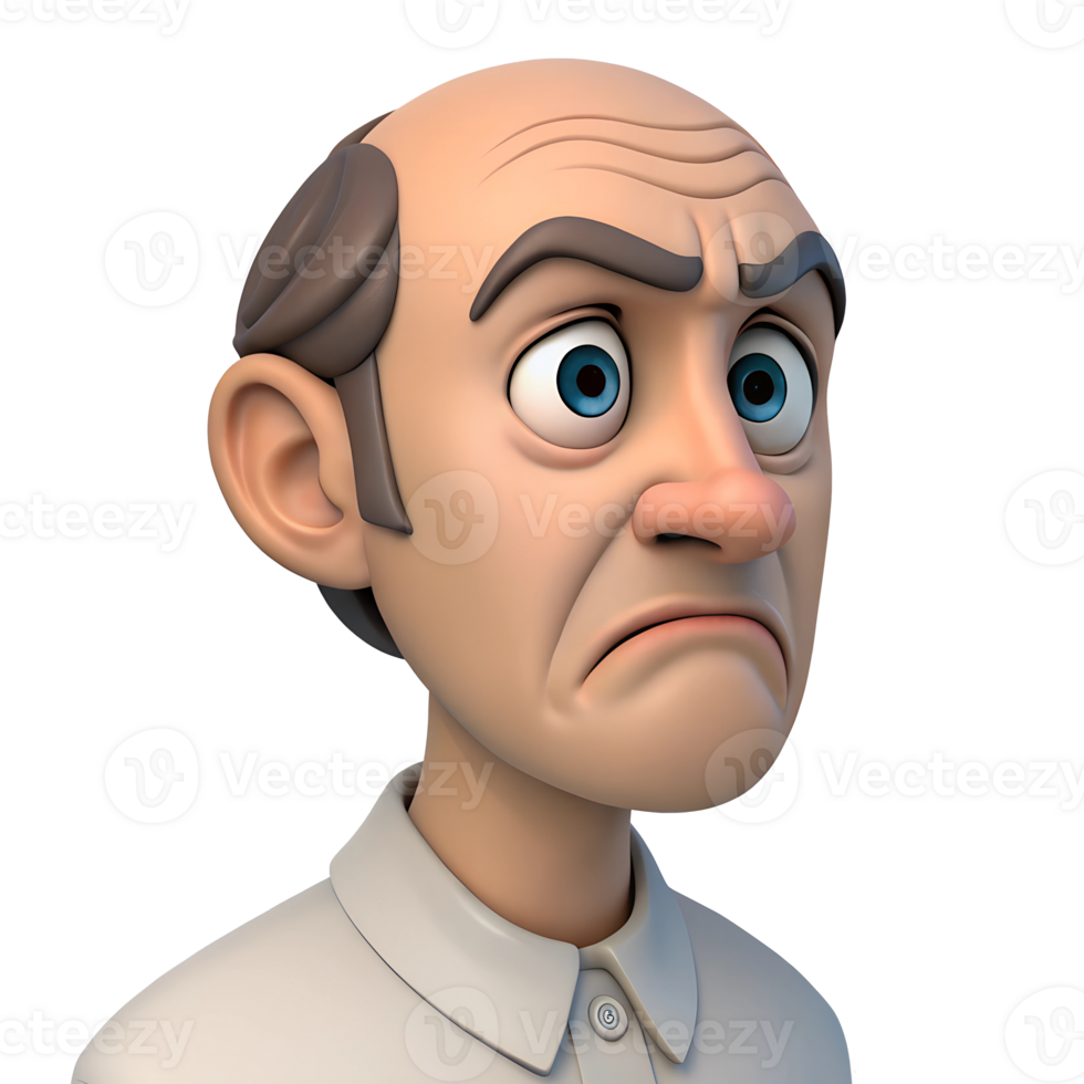 3D A white bald man, with a sad expression and blue eyes, wearing a white shirt, in a transparent background png