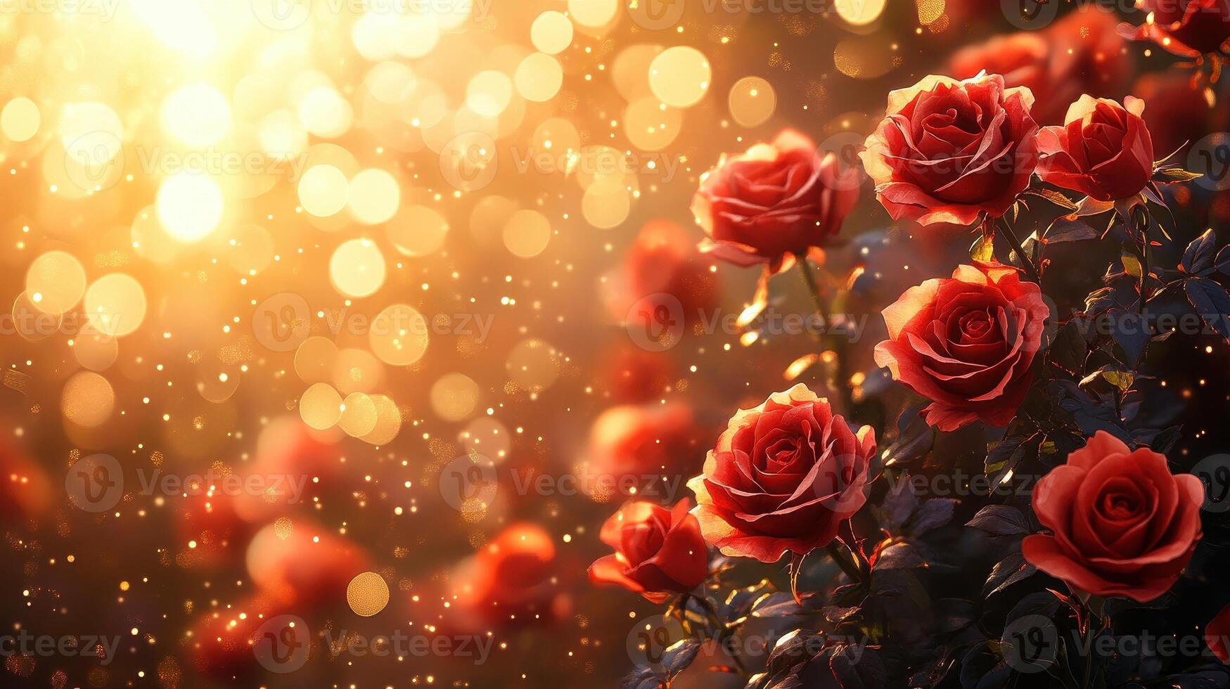 Red roses garden sunset bokeh background photo