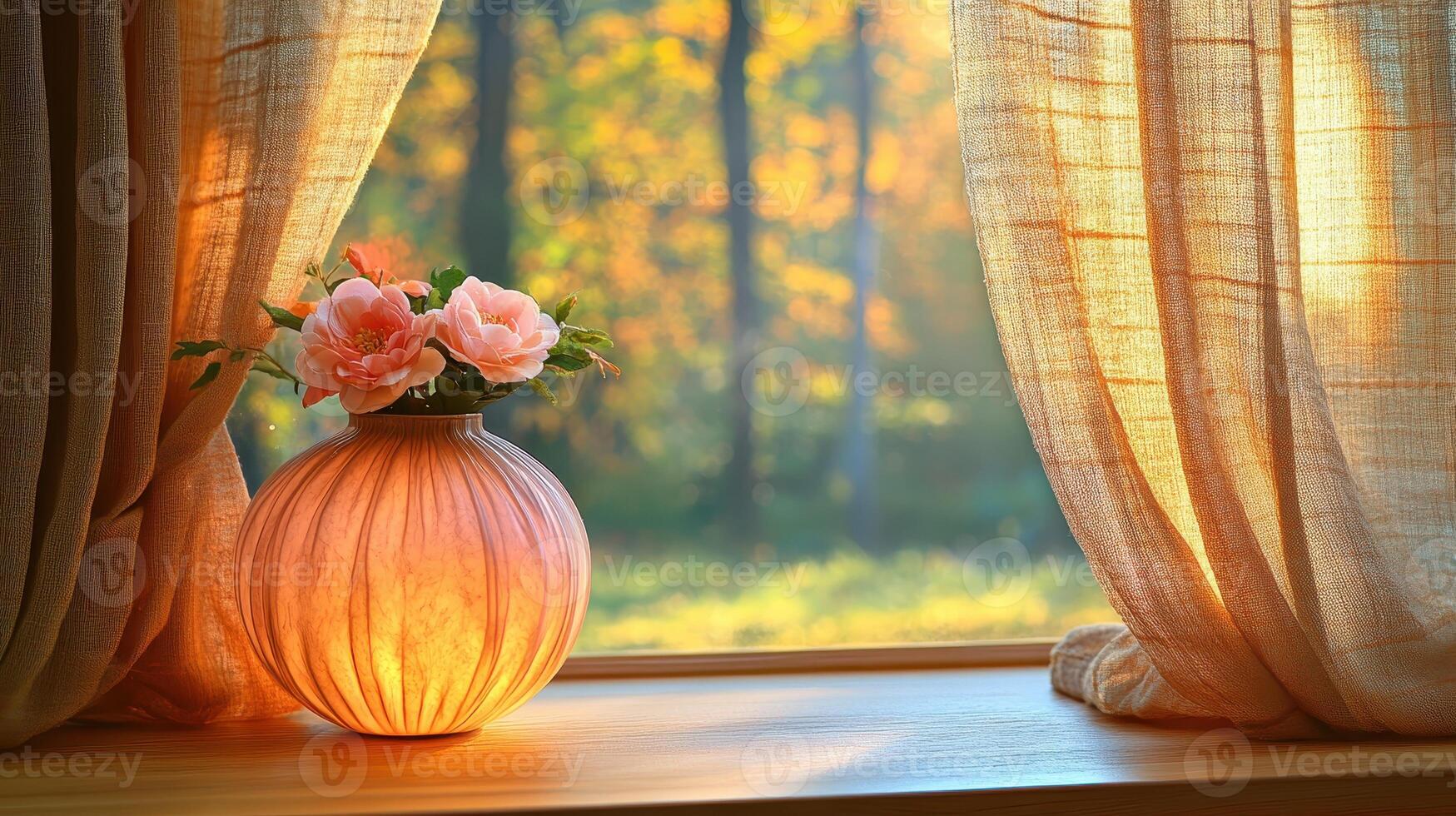 Autumnal flowers in vase, window view, sunlight, fall foliage, home decor photo