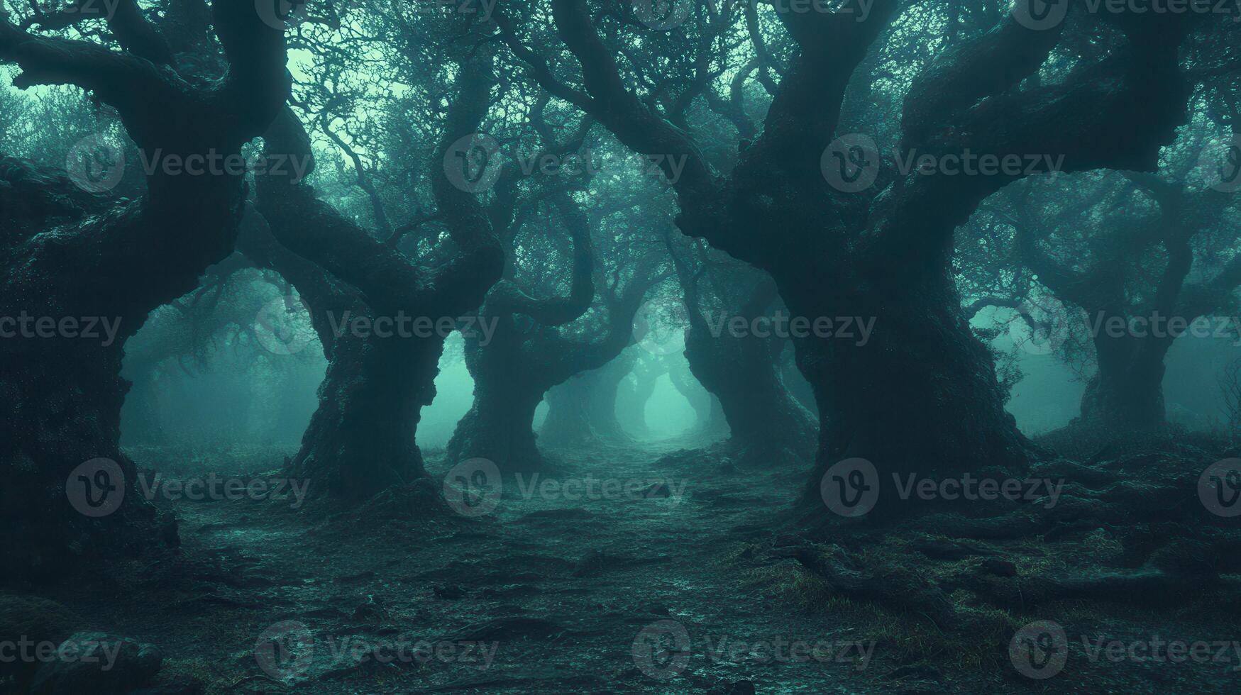 Mysterious foggy forest path, dark trees, eerie background, fantasy setting photo