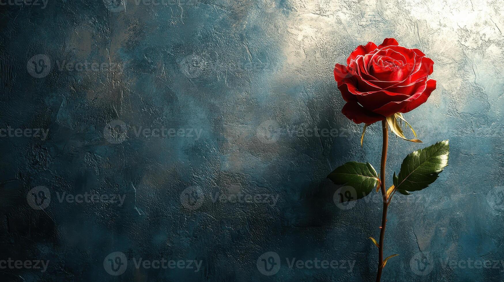 Single red rose against dark blue textured background. Perfect for romantic cards photo