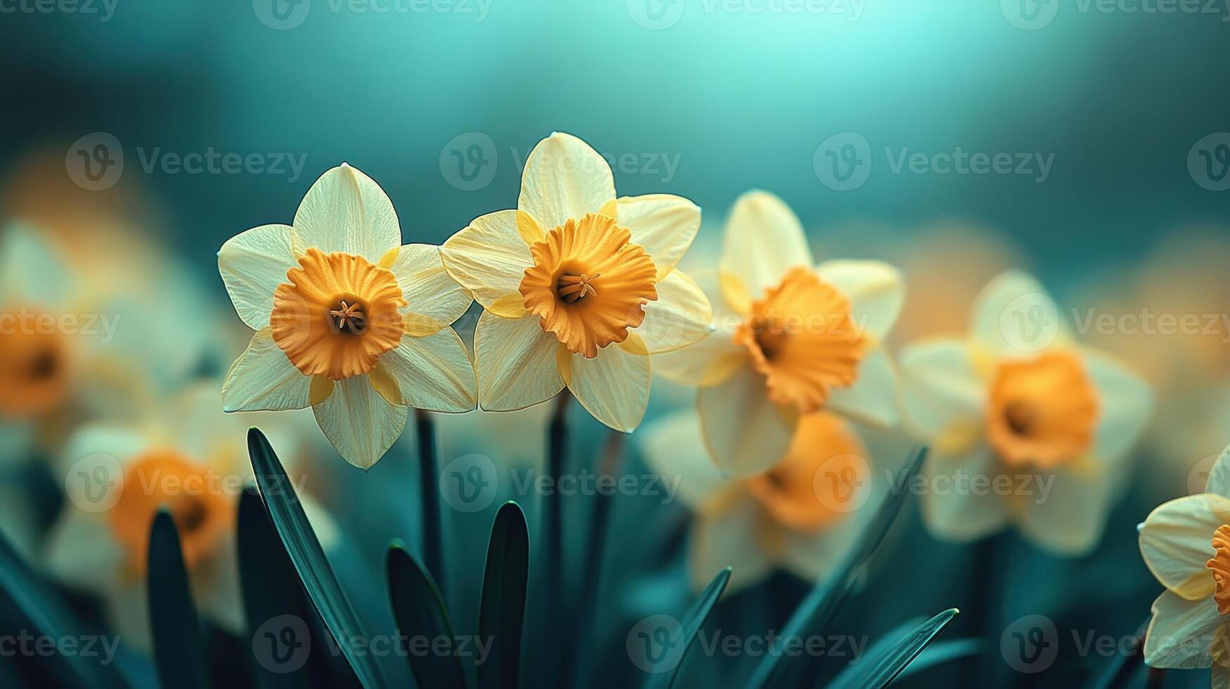 Spring daffodils bloom in garden, blurred background, nature scene, greeting card photo