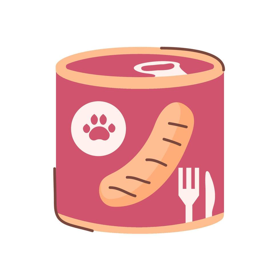 A tin can with ready-made food for dogs or cats. Label with sausage, fork and knife. Healthy food for a pet. A pet grooming badge with a flat design. vector