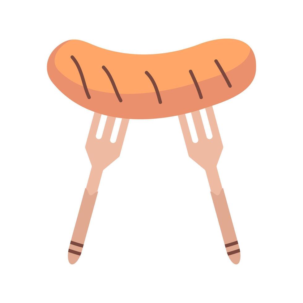 Grilled sausage with two forks. Grilled sausage, fast food, appetizer. illustration on a white background. A design element for a menu, a party, a flyer, or a print on clothes. vector