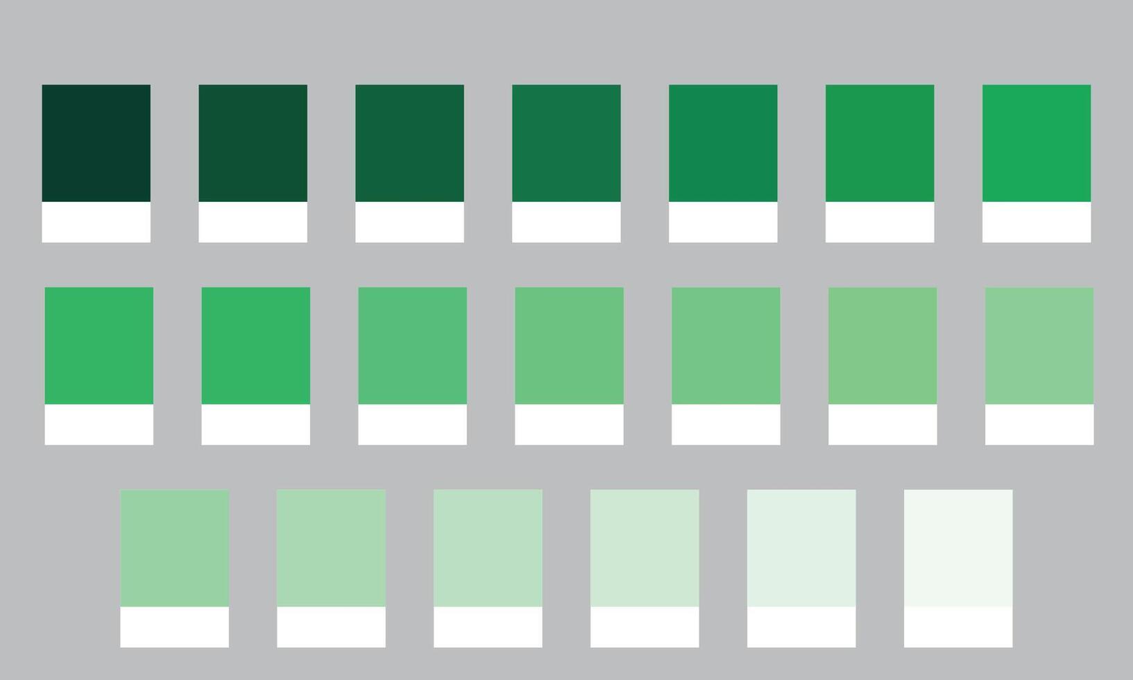 Color Palette 20 Shades of Green - Deep, Dramatic to Soft, Glowing Hues with HEX Codes and Names, Colour Swatches and Combinations vector
