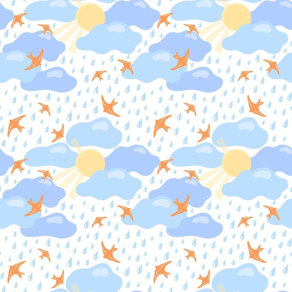 Seamless pattern with clouds, raindrops, the sun and the first birds. Cute Scandinavian style background. Children's wallpapers, textiles, clothes, scrapbooking vector