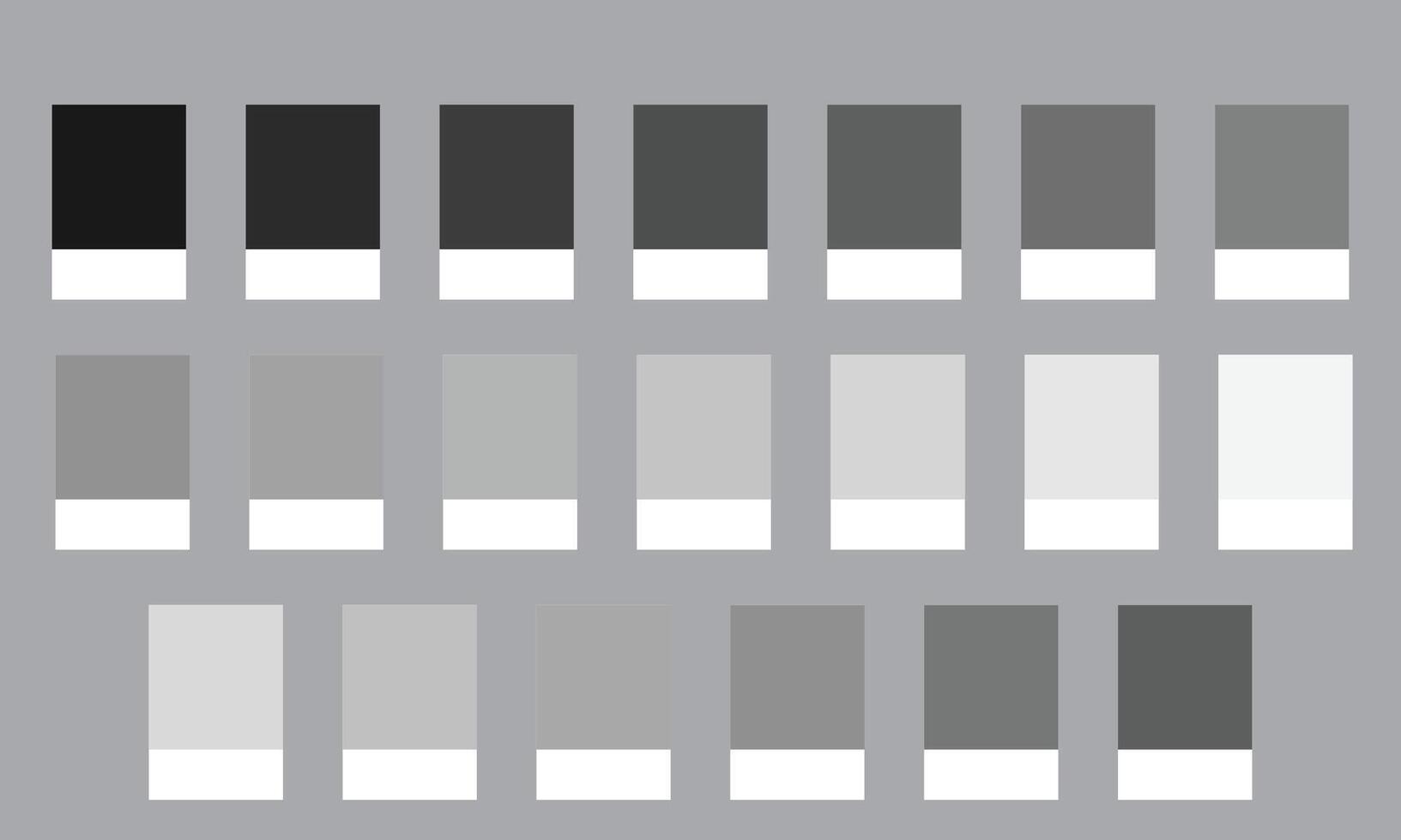 Color Palettes 20 Shades of Grey - Steel and Smoke Colors - with HEX Codes and Names, Colour Swatches and Combinations vector