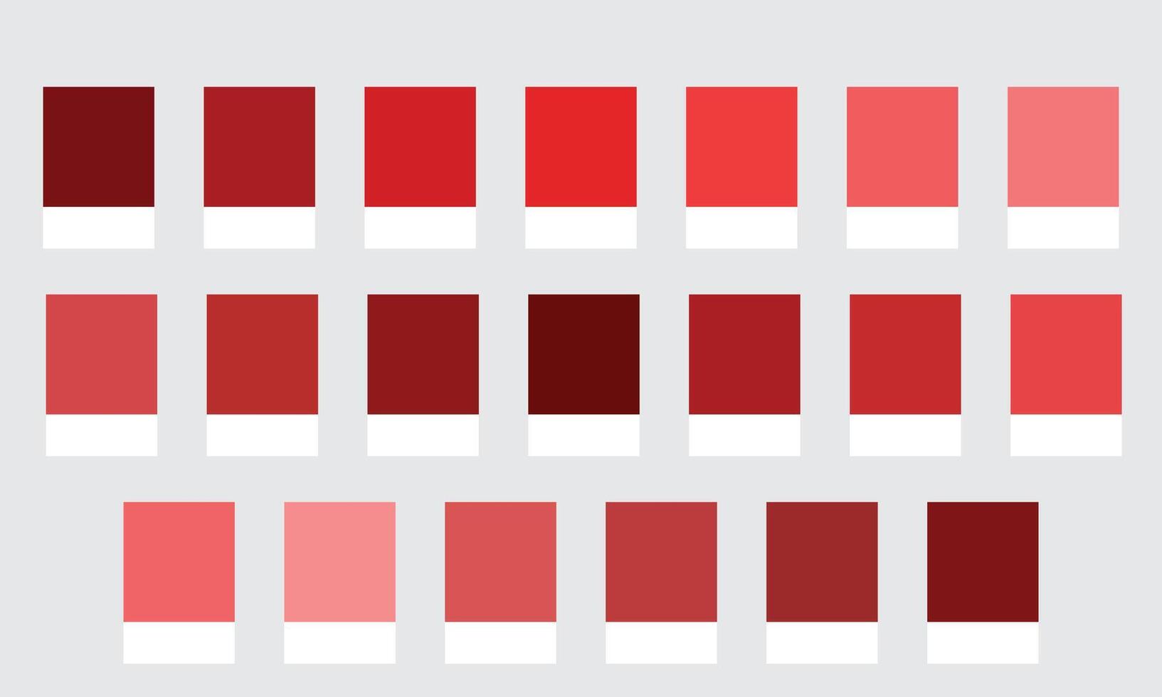 Color Palettes 20 Shades of Red - Passionate Reds Deep Emotions and Warmth Colors, Glowing Hues with HEX Codes and Names, Colour Swatches and Combinations vector