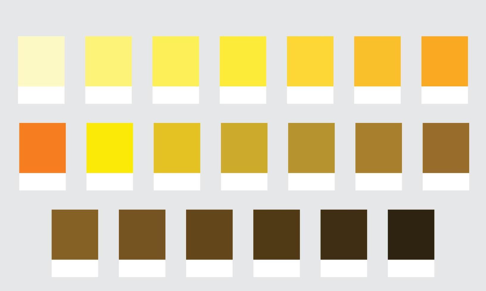 Color Palettes 20 Shades of Yellow - Bright, Warm, Gold, Cheerful Colors - with HEX Codes and Names, Colour Swatches and Combinations vector