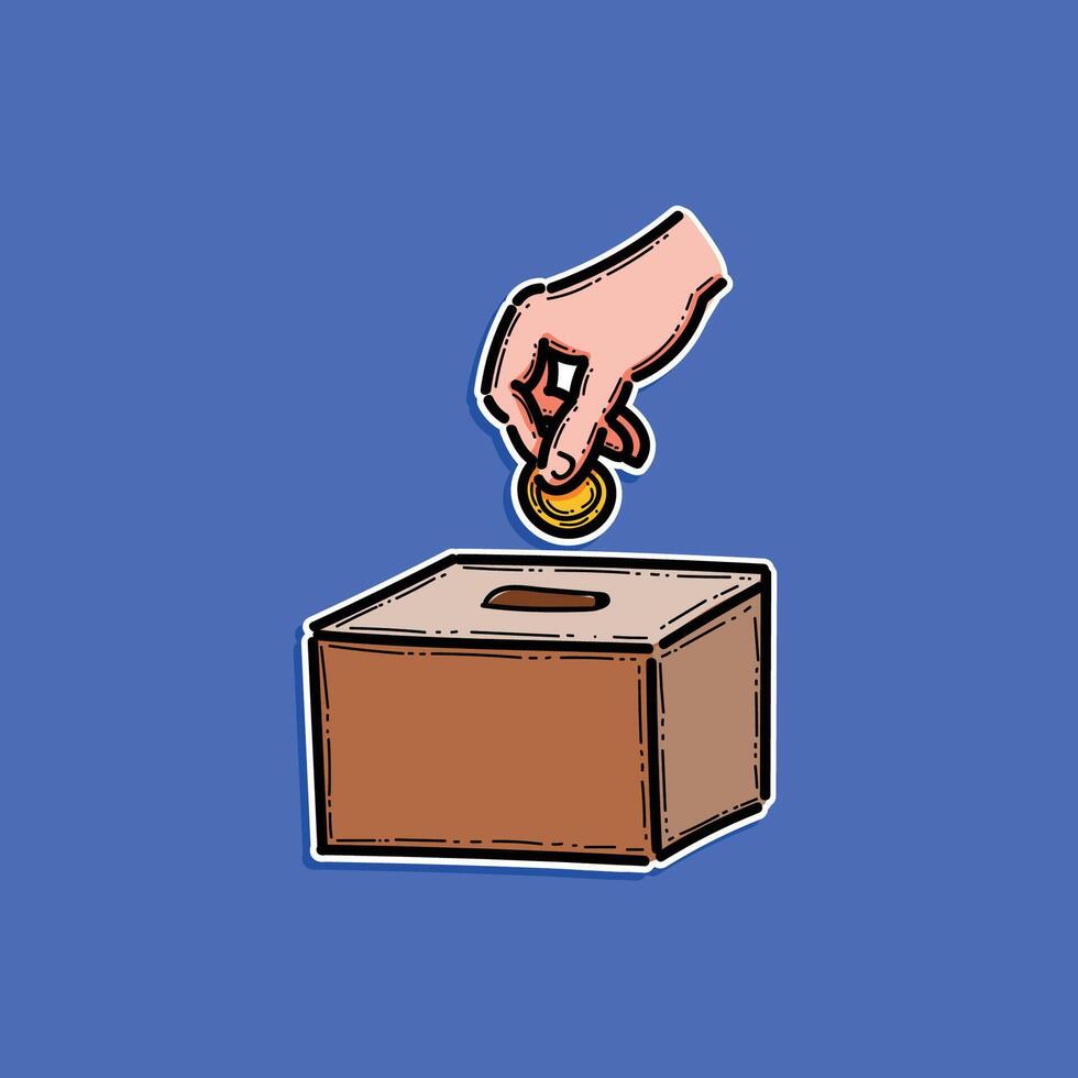 A hand inserting a coin into a box, symbolizing charity, donations, or giving. Simplistic illustration with bright colors conveying generosity and support. vector