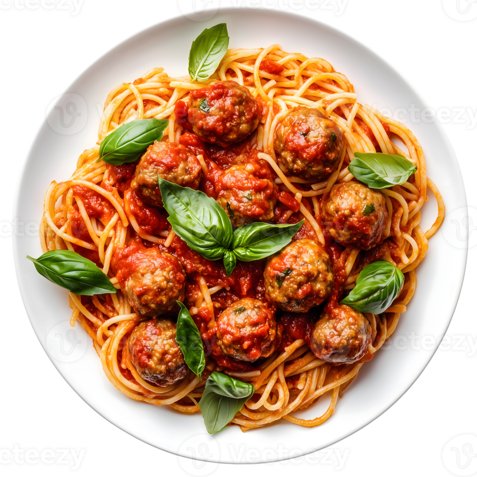 Spaghetti with meatballs and basil leaves on a white plate png