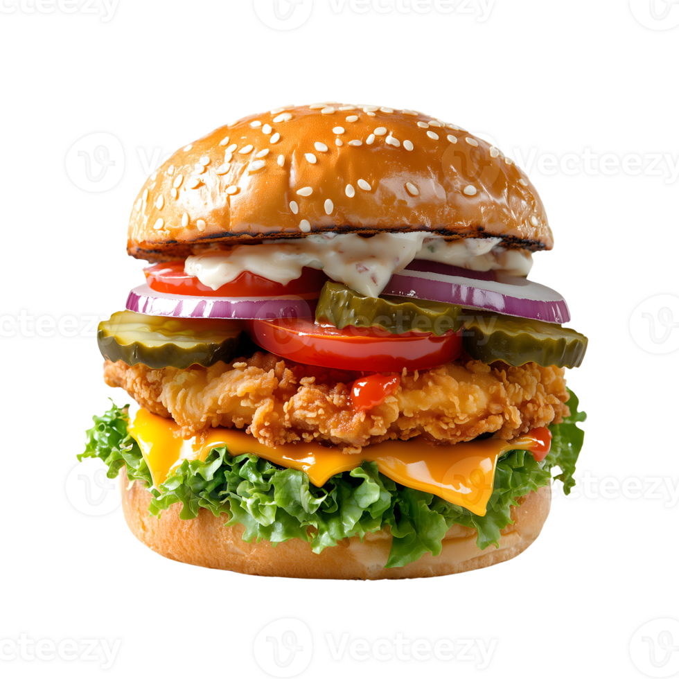 A large burger with cheese, onions, and pickles png