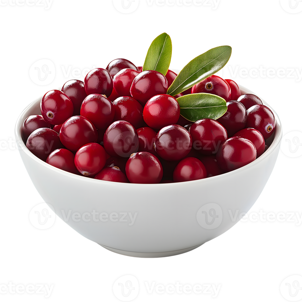A bowl of cranberries with leaves on top png