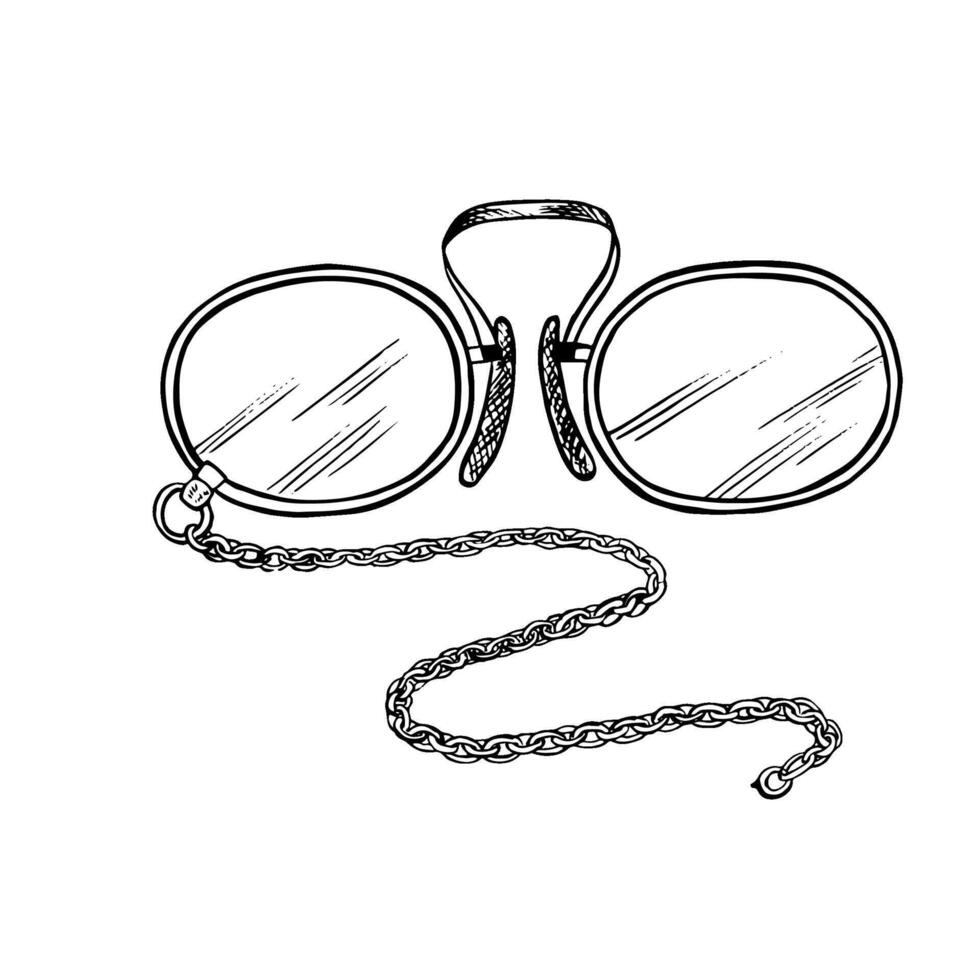 Vintage optical glasses. A hand-drawn graphic illustration. Black and white image of a men s accessory. Separate from the background. Perfect for banners, flyers, packages, labels, invitations vector