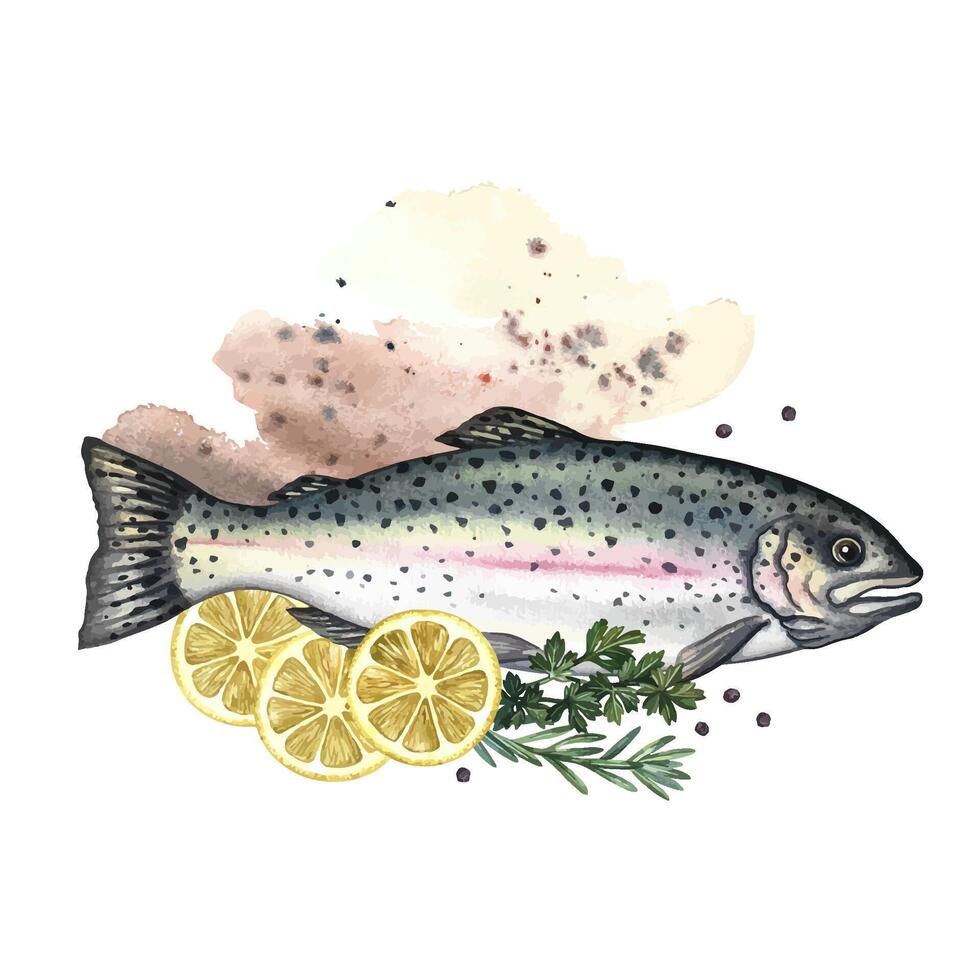 Trout with lemon and herbs. A watercolor illustration. A color image of a fish dish. On the background of a watercolor spot. Perfect for menus, recipe books, packages, labels. vector