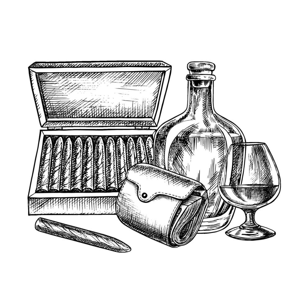 Cognac, expensive cigarettes and a purse full of money. A hand-drawn graphic illustration. Black and white image with a men s theme. For banners, flyers and packages, invitations, posters. vector