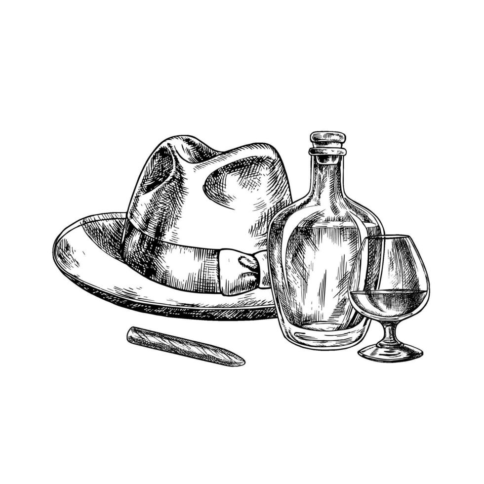 A bottle, a glass of cognac and a man s hat. A hand-drawn graphic illustration. Black and white image of an alcoholic beverage. Isolated from the background. For banners, flyers and package. vector