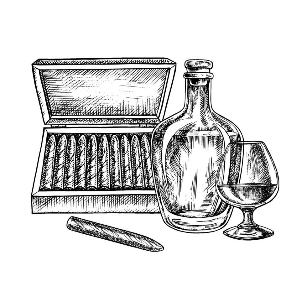 A bottle, a glass of cognac, and expensive cigarettes. A hand-drawn graphic illustration. Black and white image. For banners, flyers and packages, labels, invitations, posters and more. vector