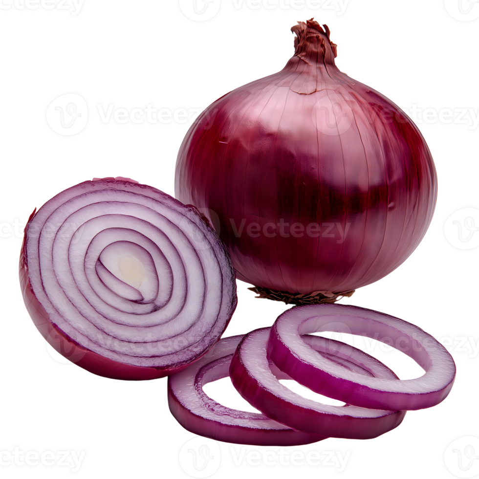 A red onion and a half cut onion isolated on transparent background. png
