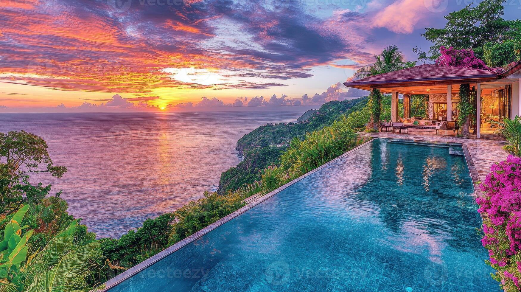 Oceanfront villa sunset pool luxury travel photo