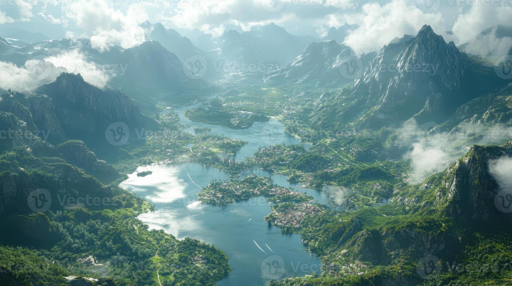 Mountainous valley city, lake, clouds, aerial view, fantasy landscape photo