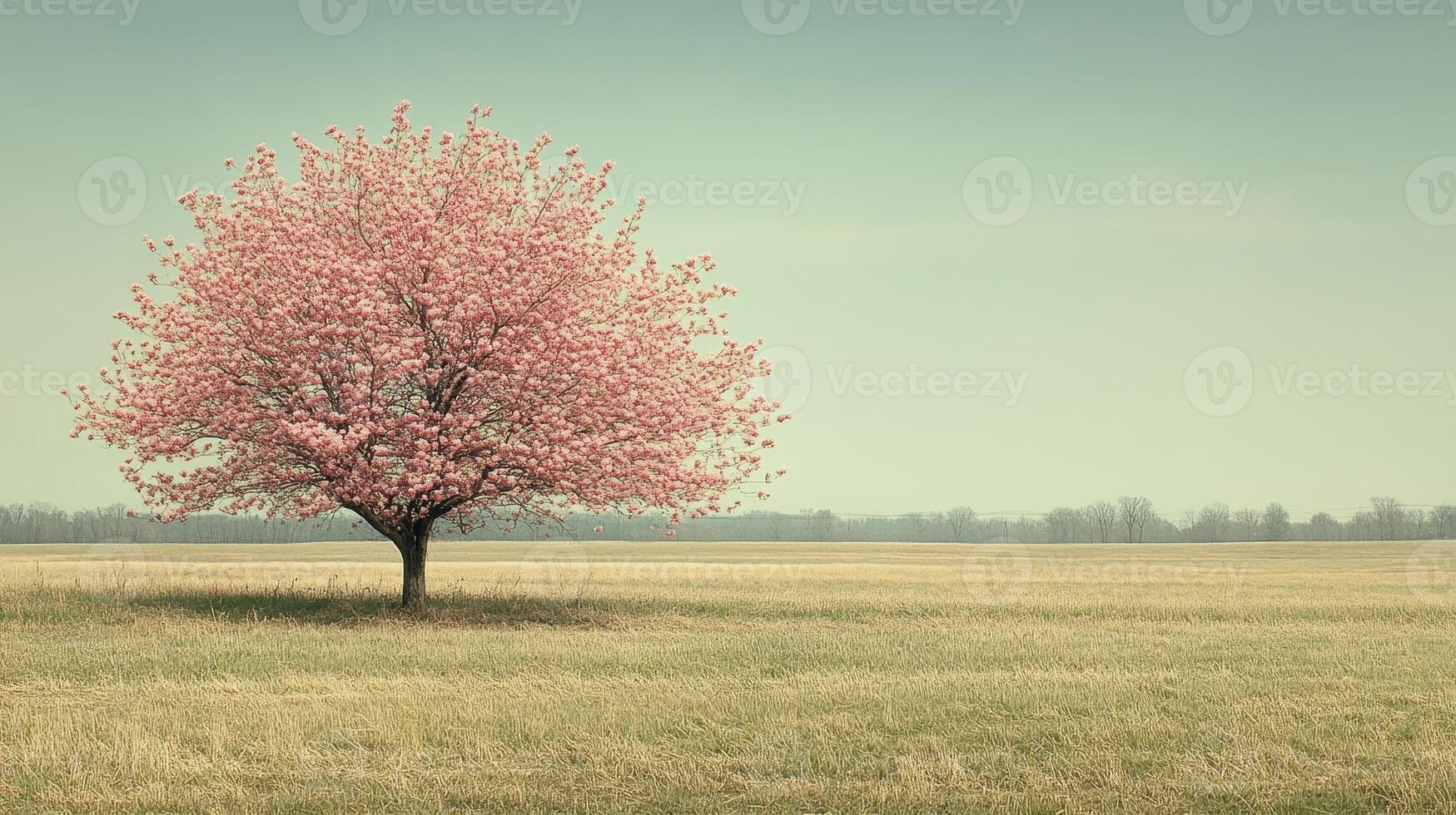 Solitary pink tree in spring field, calm background, nature scene, website banner photo