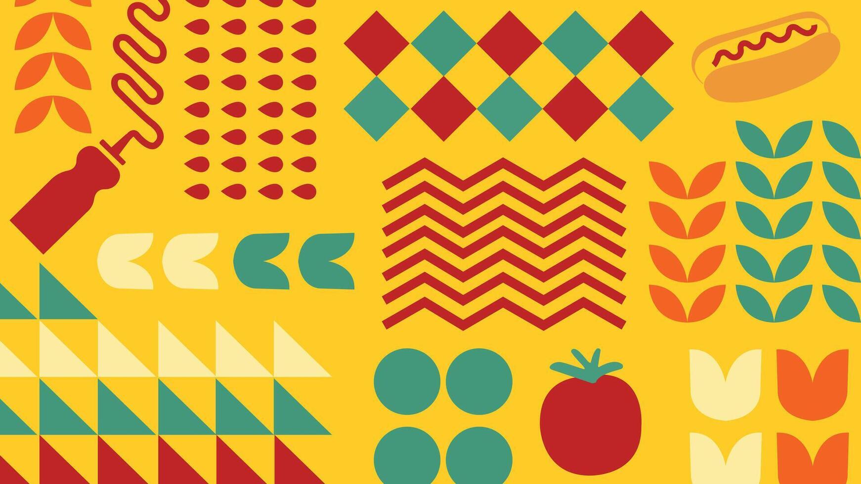 A vibrant seamless background featuring barbecue elements, abstract food icons, and geometric shapes. Perfect for summer party invitations, digital prints, restaurant menus, and packaging design. vector