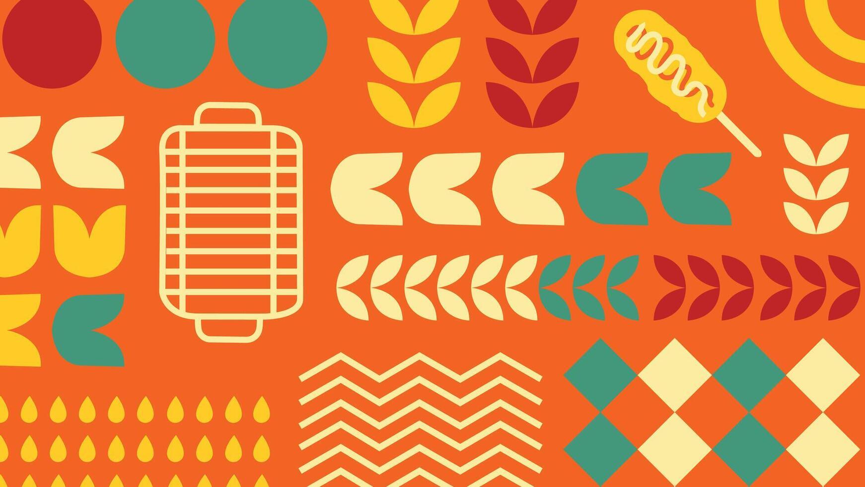 A retro-style seamless background featuring BBQ elements, grilling tools, food illustrations, and geometric motifs. Ideal for food packaging, party decorations, and summer themed digital designs. vector
