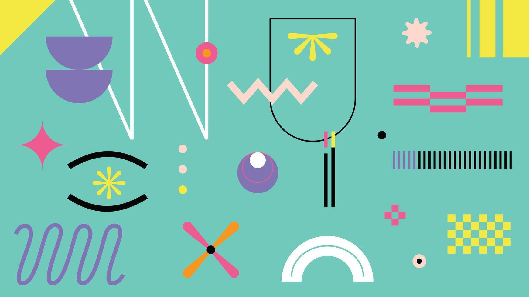 Colorful abstract geometric artwork featuring playful shapes, abstract symbols, and stylish details. Ideal for creative projects, digital backgrounds, contemporary designs, and trendy compositions vector